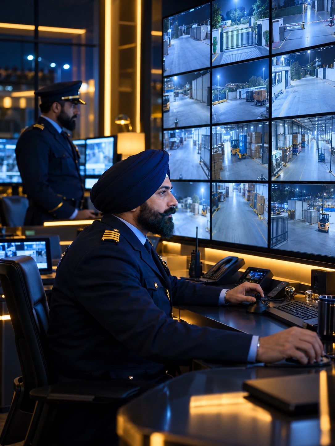 Security operator monitoring CCTV feeds in the control room